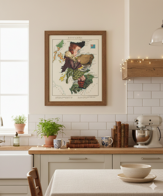 Scotland caricature map print (1860s) by Elizabeth Lancaster