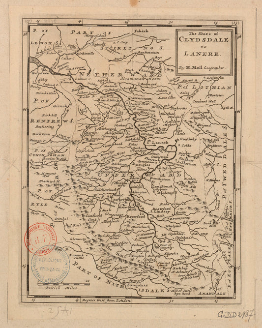 "The Shire of Clydesdale and Lanerk" map print (1725) by H. Moll